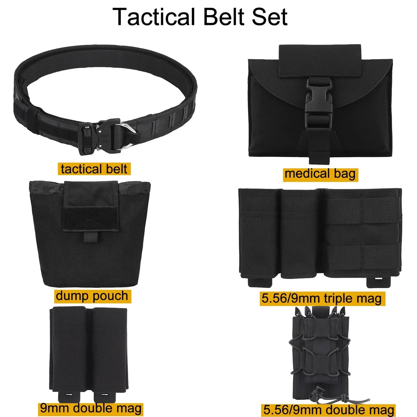 AQzxdc Airsoft Belt with Molle Waist Bag Set, Tactical Belt with 5.56/9mm Pouch, Medical Pouch, Folding Pouch
