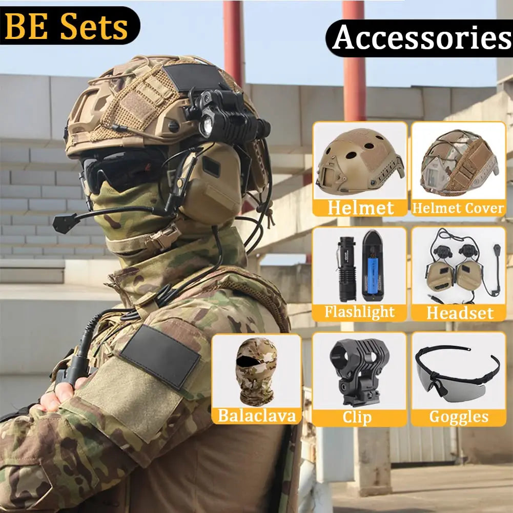 FAST Airsoft Helmet Set, with Four Eyes Telescope Model and Soundproof Headphones, Flashlights, Goggles, Signal Lights Etc