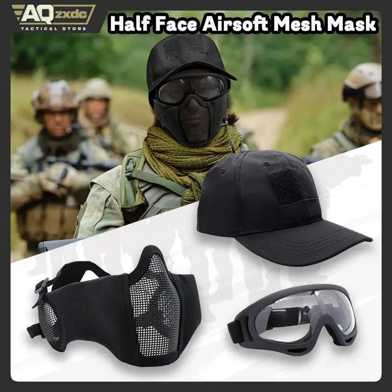AQzxdc Airsoft Mask with Goggles Foldable Half Face Airsoft Mesh Mask with Ear Protection for Paintball Shooting Cosplay CS Game