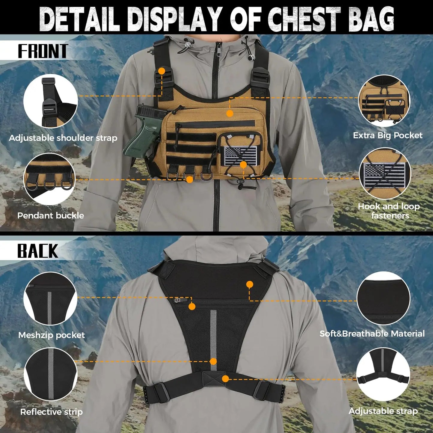 AQzxdc Outdoor Sports Chest Bag for Men, Chest Vest Holster Fits Most Pistols, EDC Travel Chest Pack for Running, Hiking