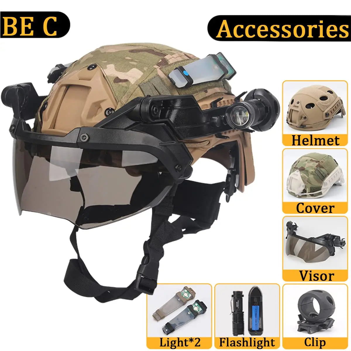 AQzxdc Paintball Game Helmet Set with Visor Flashlight Flashing Light Helmet Cover Set for Airsoft Shooting War Games Movie Prop