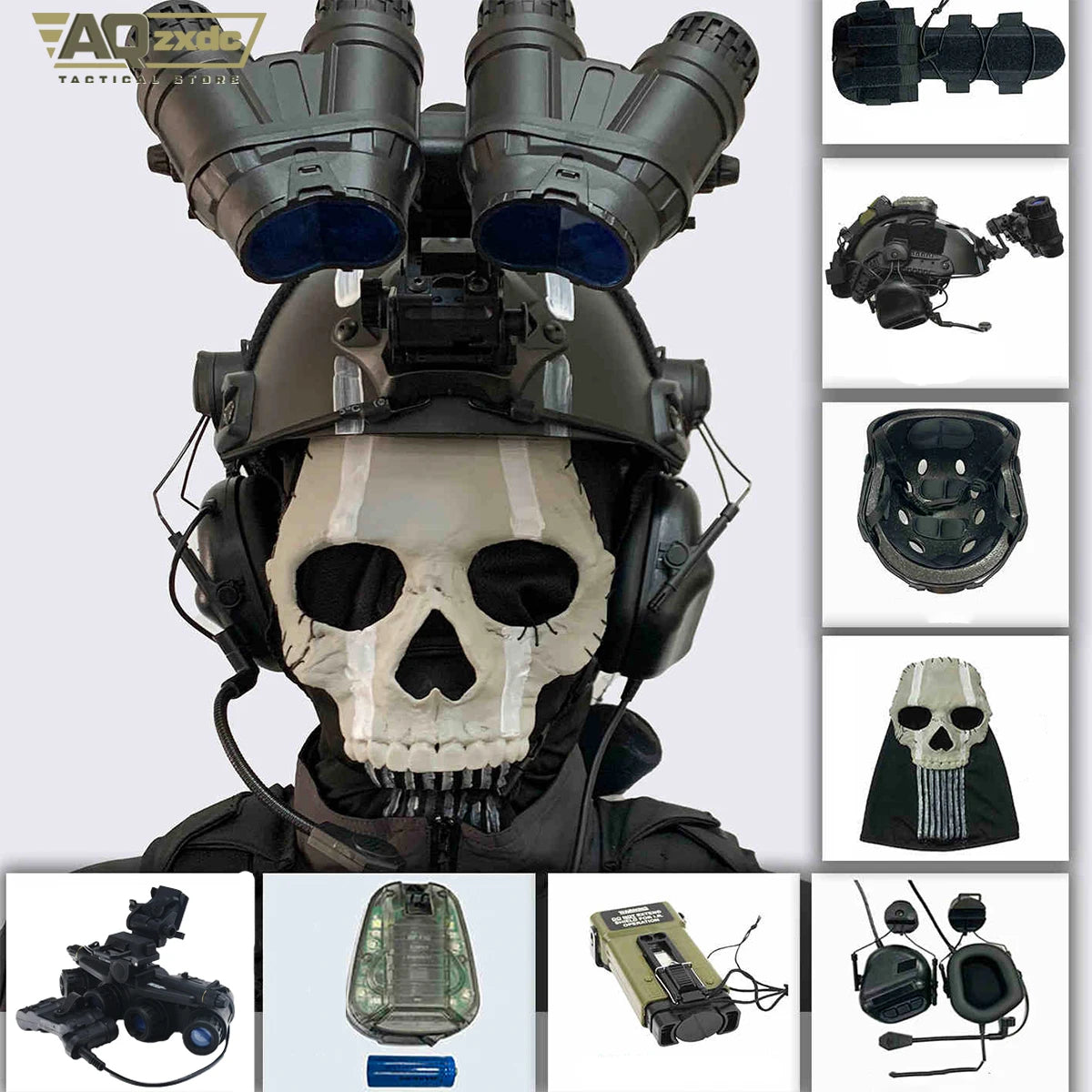 Airsoft Call of Duty 19 Cosplay Night Raid Ghost Helmet Set - Ghost Full face Mask & Includes headphones & Four-eye NVG Model