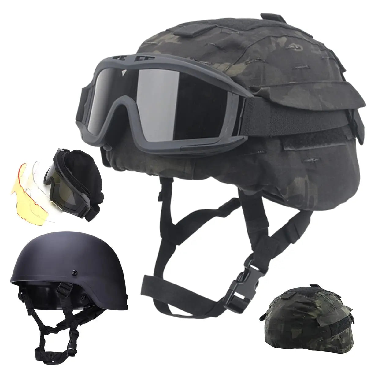 Tactical Protective Gear Set, MICH2000 Helmet with Anti-Fog Goggles Helmet Cover Camouflage Metal Helmet Metal for Kid BBS