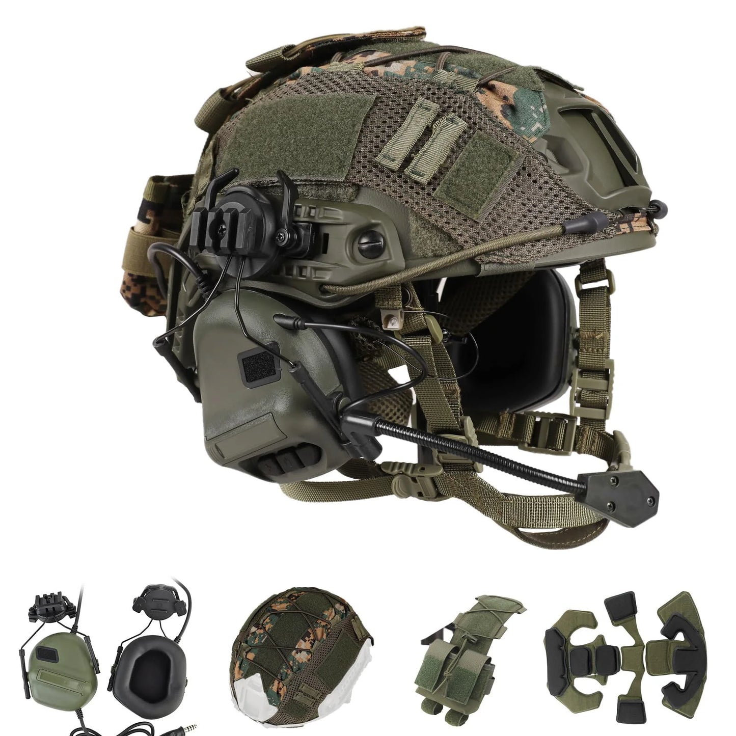 AQzxdc Tactical Helmet with Headset,4in1 Upgraded Adjustable with Helmet Cover for Airsoft Cosplay Military Gear War game