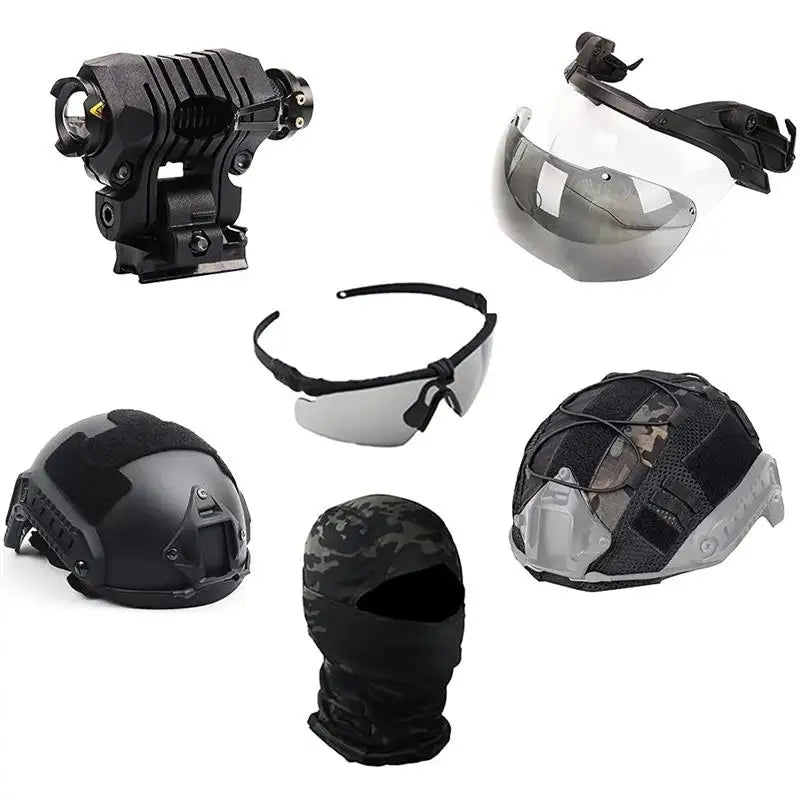 AQzxdc Tactical Flashlight Set Adjustable Helmet Visor with Airsoft Helmet and Helmet Cover for Paintball BBS Gun Shooting Game