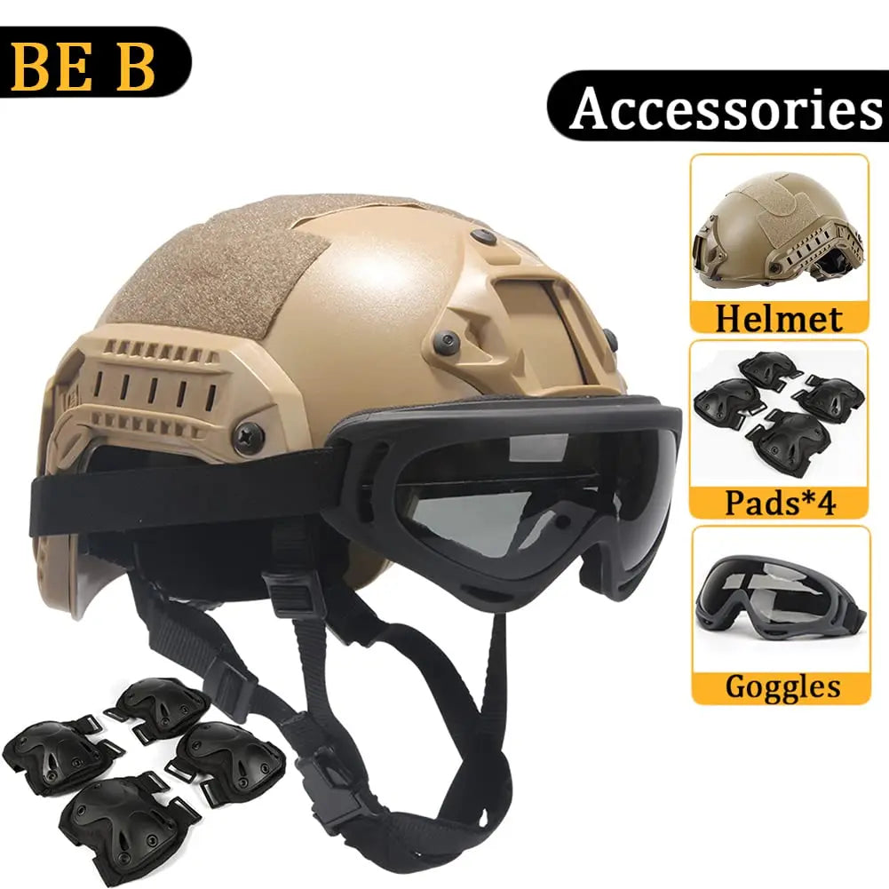 FAST Helmet, with Goggles, Flashlight, Flashing Lights, NVG Imitations, Knee and Elbow Pads, for Outdoor Games Airsoft Paintball