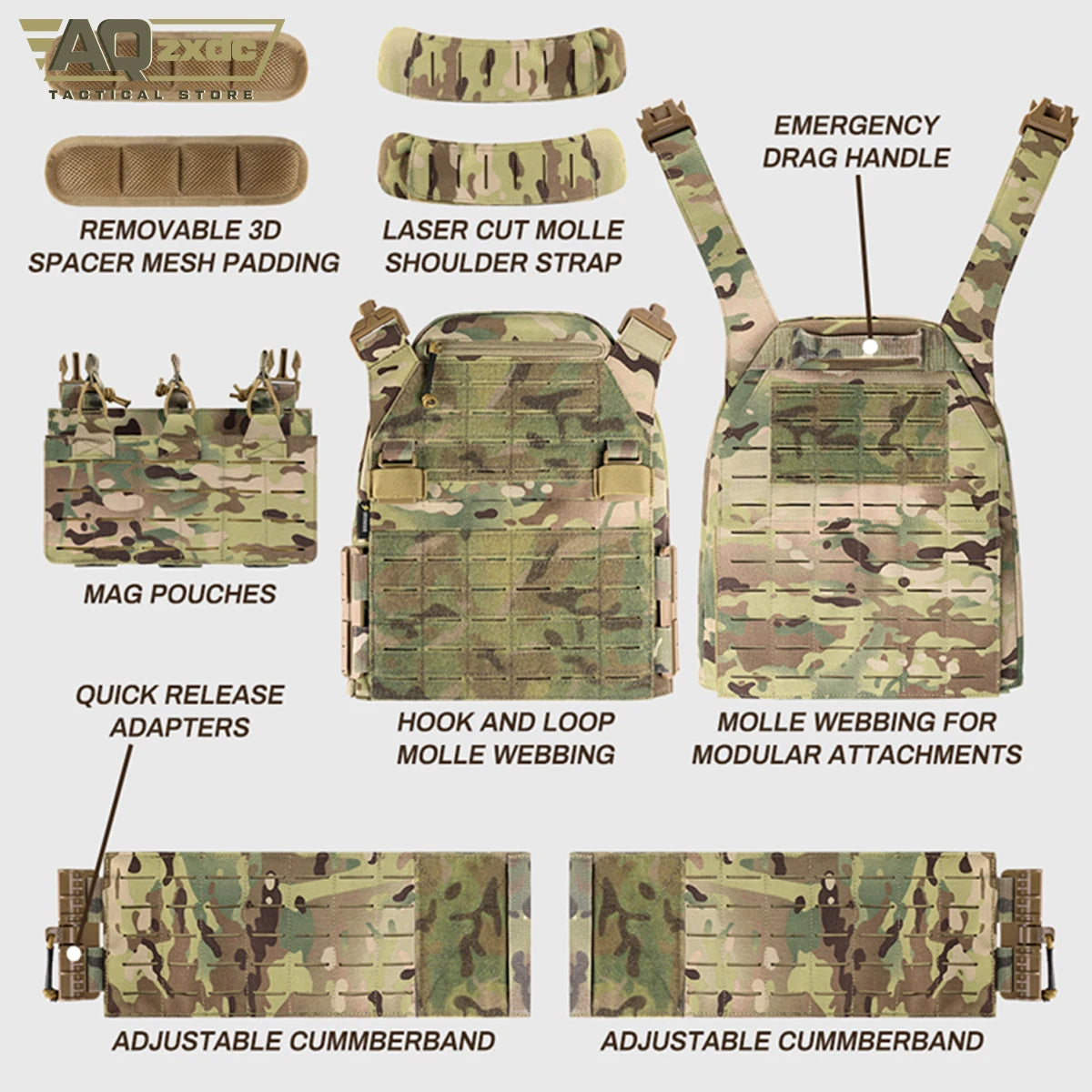 Tactical GBRS LBT V2 Lightweight Tactical Plate Carrier with Molle Quick Release Protective Vest for Outdoor Paintball Game