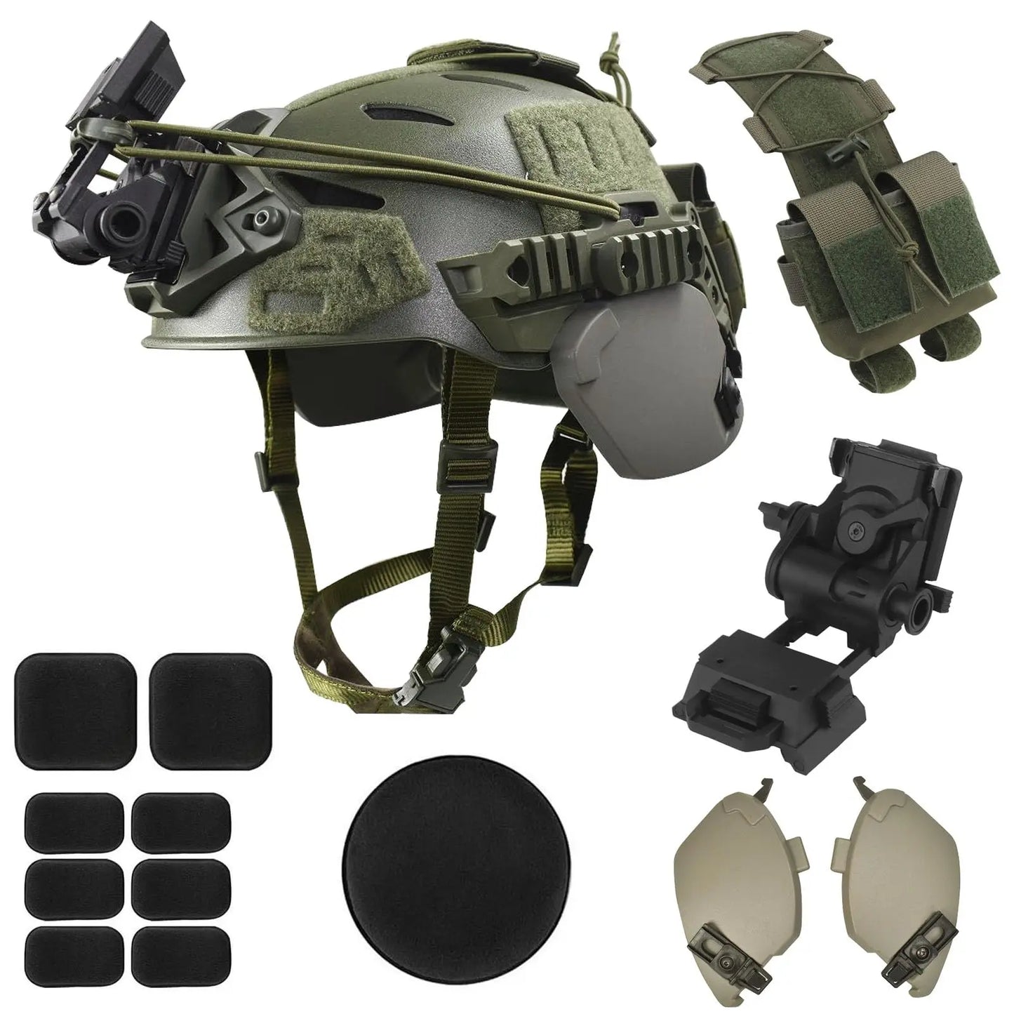 Airsoft Helmet Set with Rail 3.0 Adjustable Chin Strap/Protective Ear Side Cover/Night Vision Mount and Helmet Battery Pouch