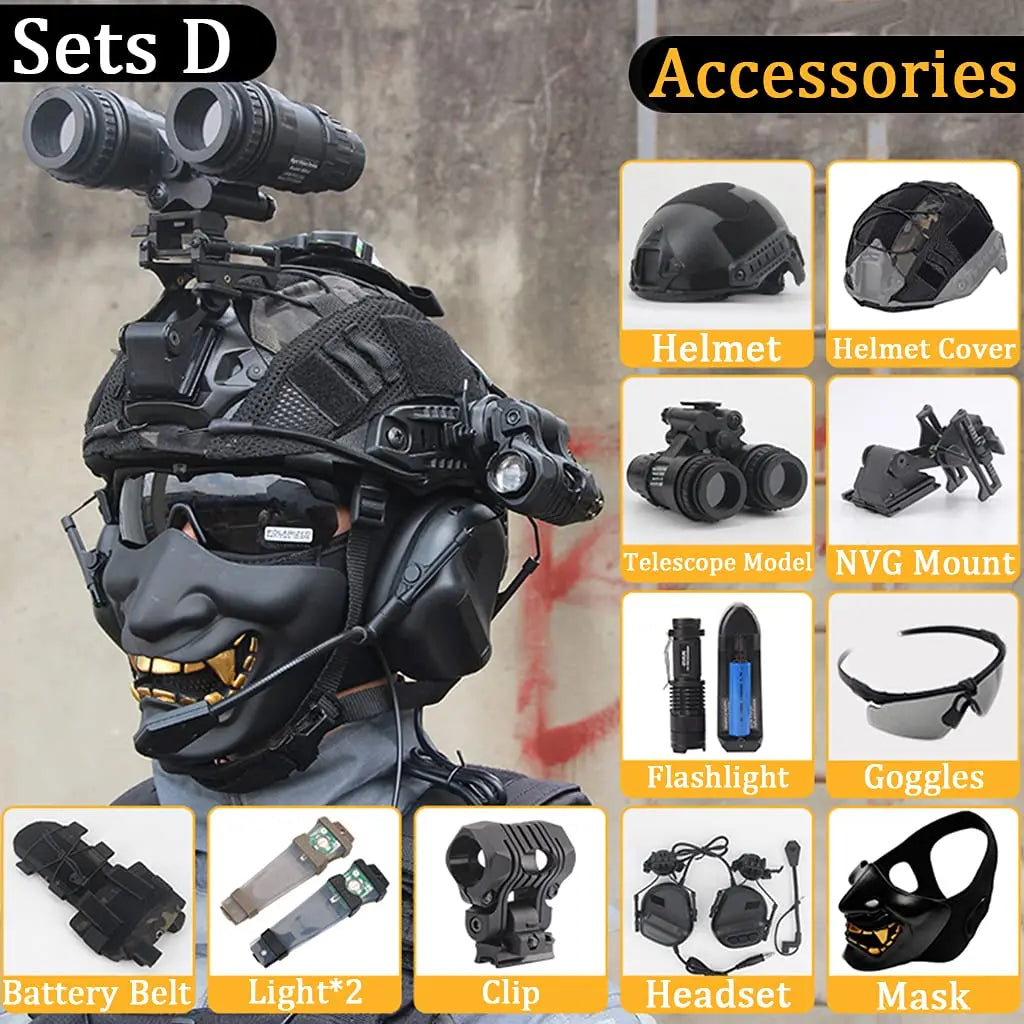 AQ Tactical Helmet Sets, Outdoor Gear with Military Headset & Binoculars & Goggles, Heavy Men's Full Set of Paintball Protective