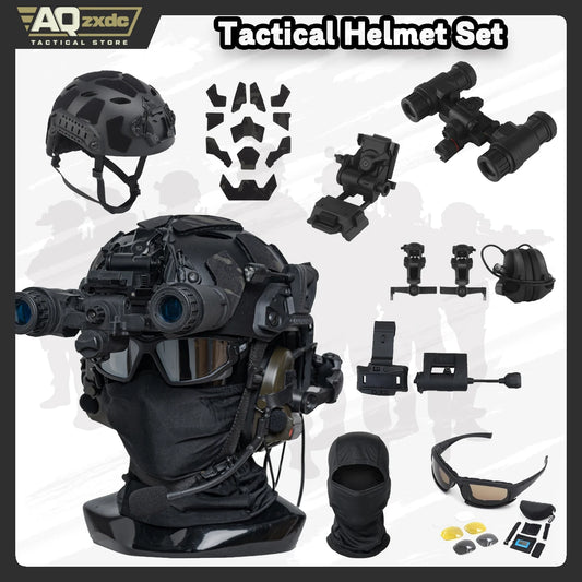 Military Assault Helmet Set, with C5 Tactical Earphone & Helmet Velcro & Binocular Night Vision Goggle & G24 Bracket for Airsoft