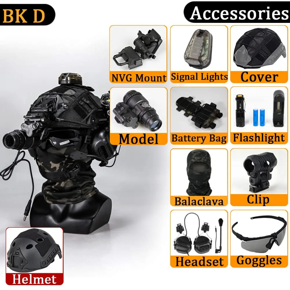 FAST Tactical Helmet Sets, with Tactical Headset and Telescope Model, Visor & Goggles, Flashlight, Signal Flashing Light, Mount