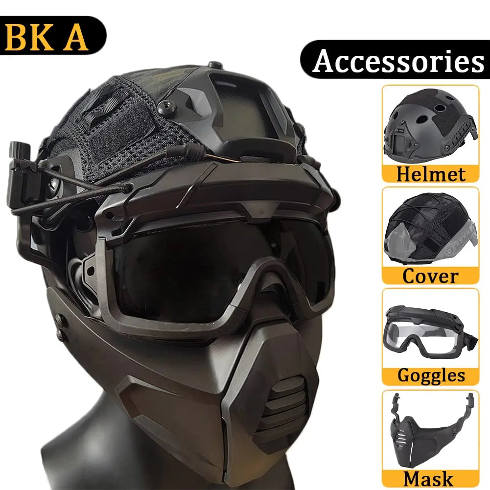 AQzxdc FAST Helmet Set, with Airsoft Mask and Goggles, Sound Pickup and Noise Canceling Headphones, Flashlight & Helmet Cover