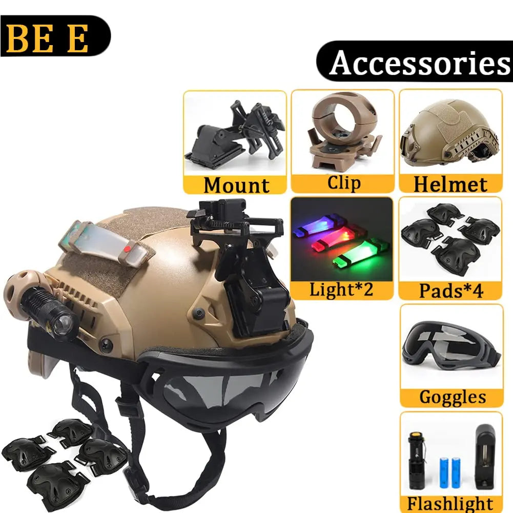 FAST Helmet, with Goggles, Flashlight, Flashing Lights, NVG Imitations, Knee and Elbow Pads, for Outdoor Games Airsoft Paintball