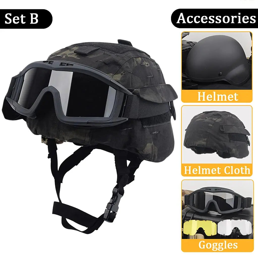 M88 Tactical Helmet Sets, wiht Helmet Cloth Goggles and Mount Kit Full-Covered Military Protective Combat Airsoft Paintball Helm