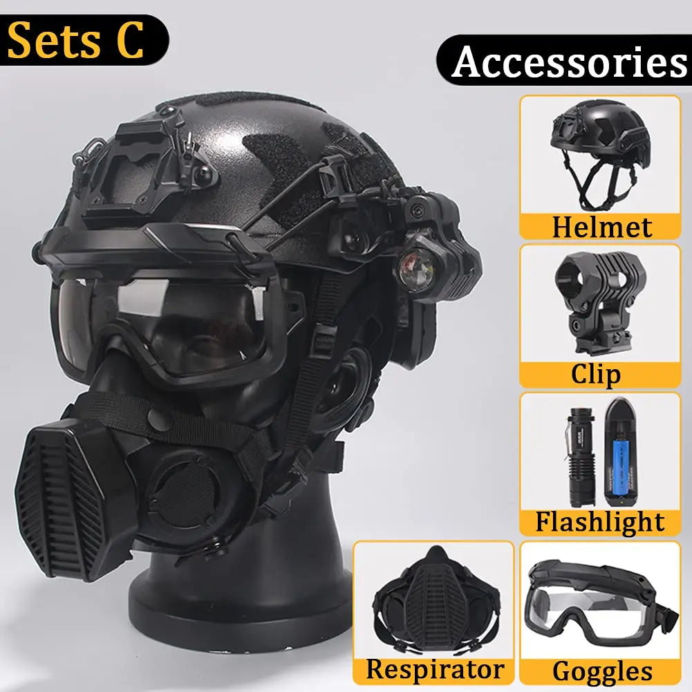 AQ Heavy-Duty Tactical Helmet Set, with Paintball Mask & Telescope Model & Soundproof Headphones, Aluminum Alloy L4G24 NVG Mount