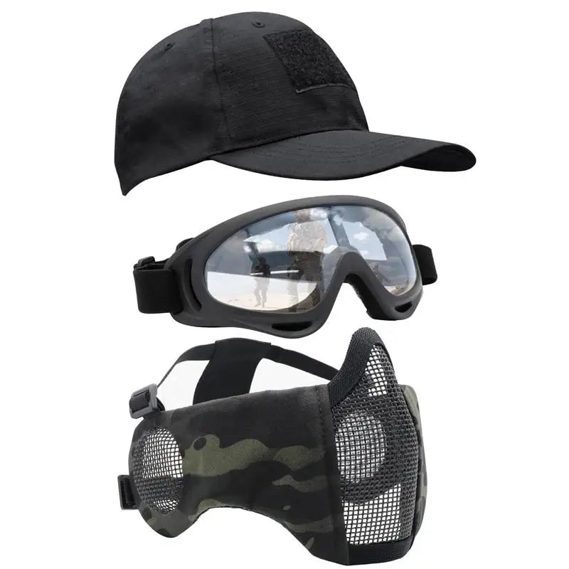 AQzxdc Airsoft Mask with Goggles Foldable Half Face Airsoft Mesh Mask with Ear Protection for Paintball Shooting Cosplay CS Game