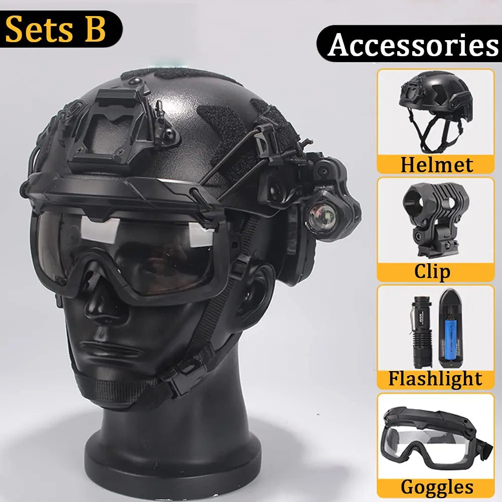 AQ Heavy-Duty Tactical Helmet Set, with Paintball Mask & Telescope Model & Soundproof Headphones, Aluminum Alloy L4G24 NVG Mount