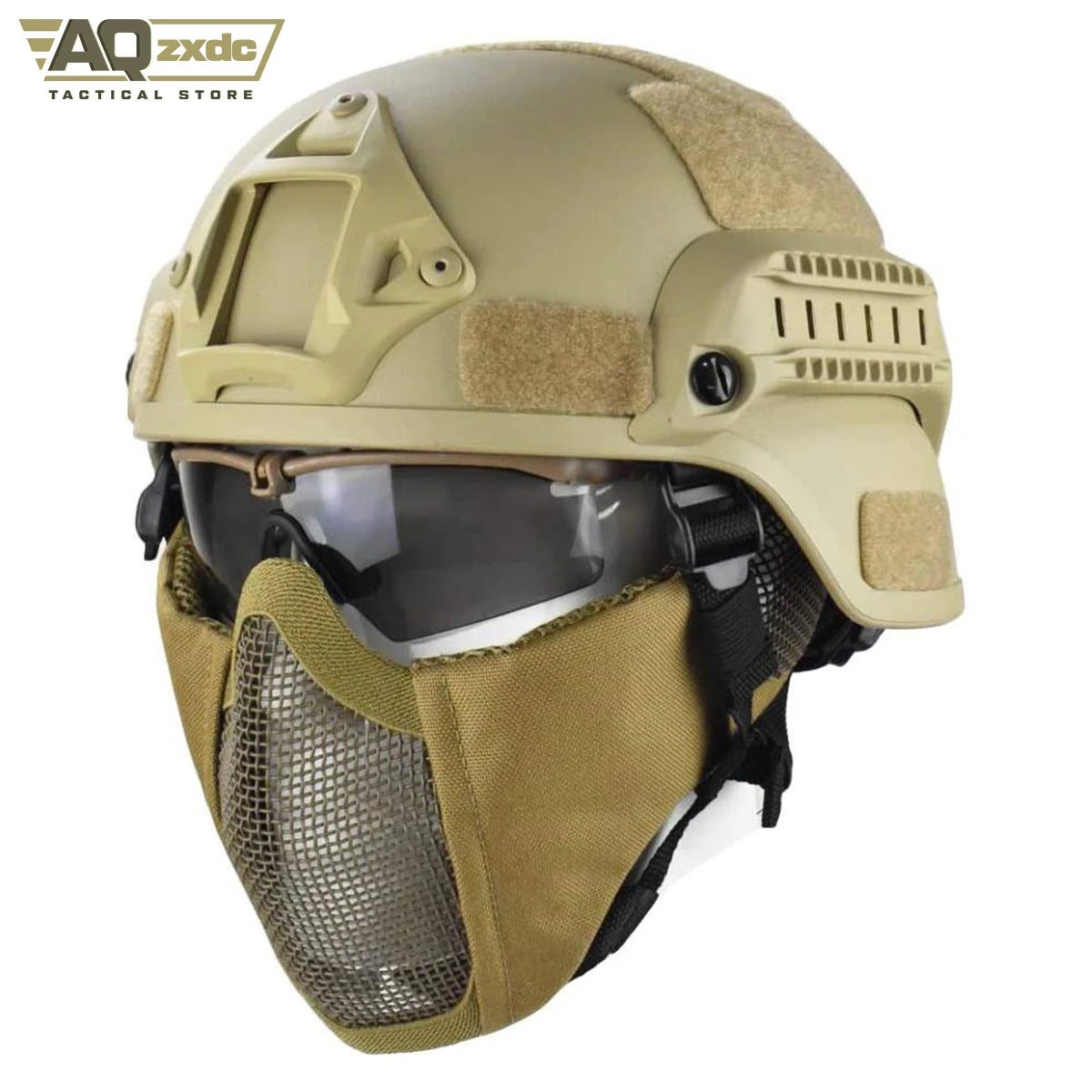 Mich 2000 Style ACH Tactical Helmet with Foldable Ear Protection Dual Straps Half Face Mesh Mask - Goggles for Airsoft Paintball