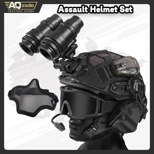 AQzxdc Tactical Helmet with Headset,Adjustable Helmet with Helmet Cover and Fcae Mask for Cosplay Military Tactical Airsoft Gear