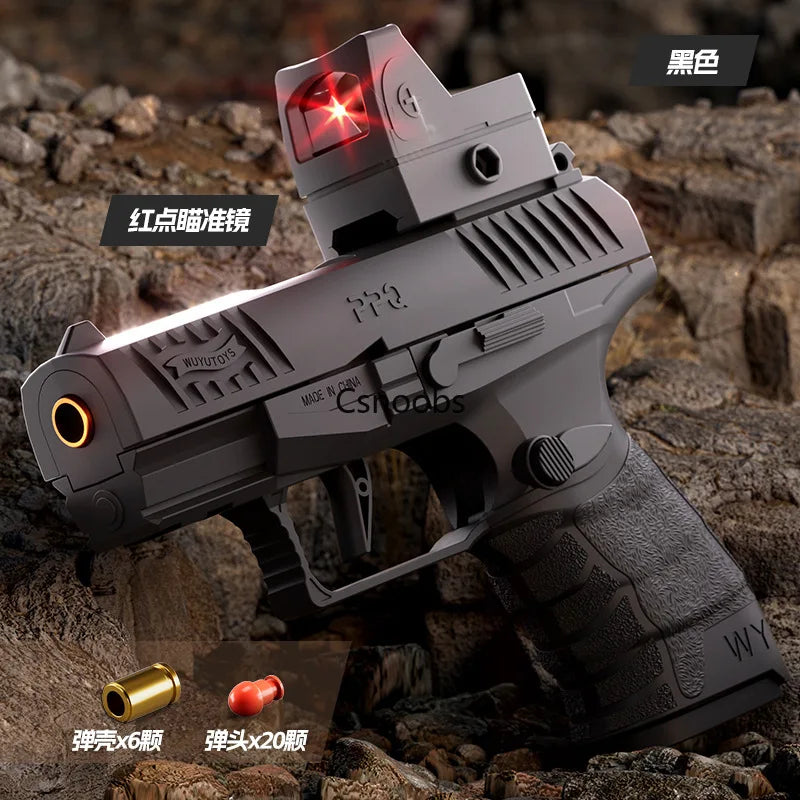 Small Black Toy Gun Mini PPQ Continuous Firing Shell Throwing Gun Model Soft Bullet Launcher BlowBack Airsoft Pistol for Kids