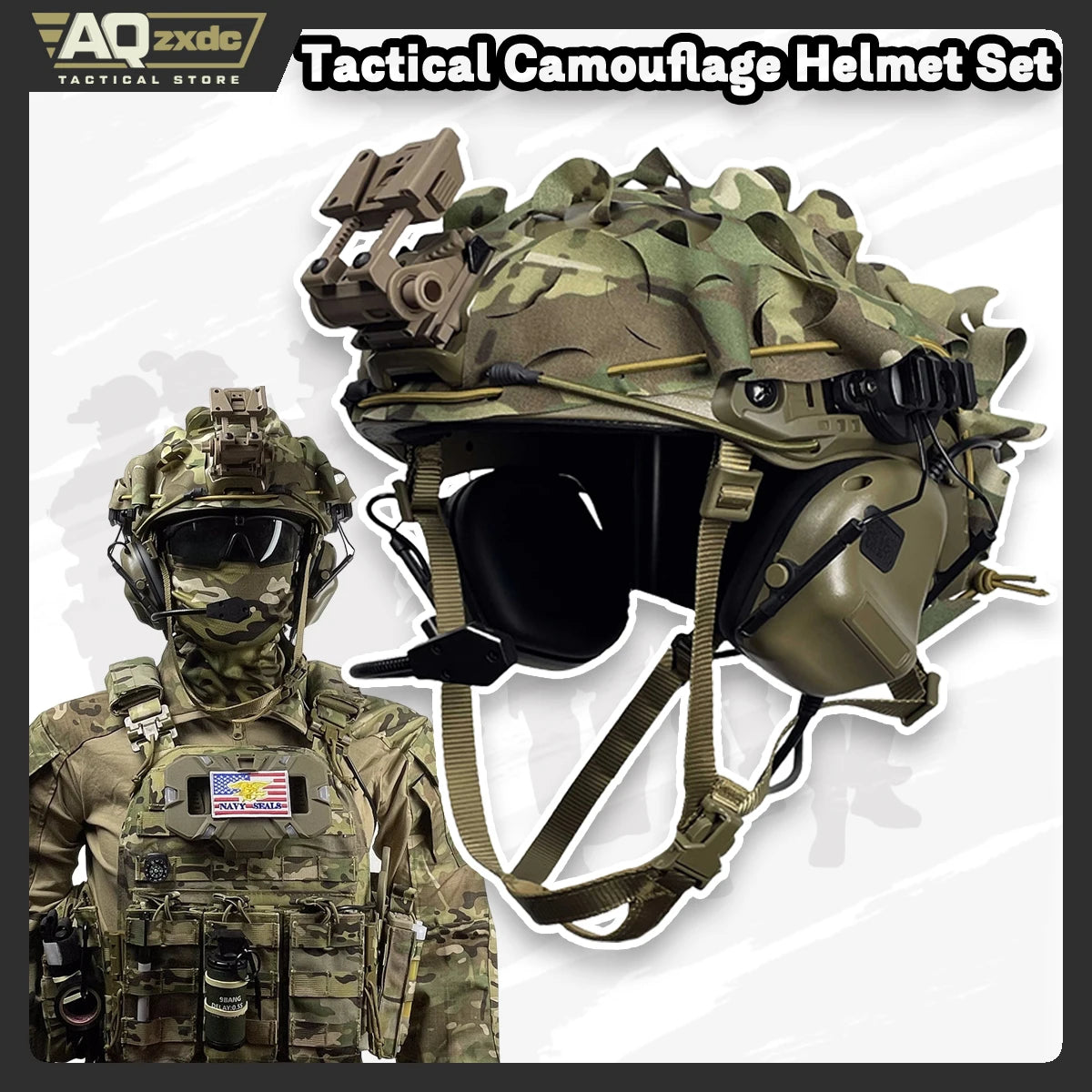 Tactical Helmet Camouflage Cloth Set, with Camouflage Cloth & Airsoft Earphone & Night Vision Mount G24 for Hunting Paintball