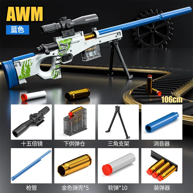 Uploaded projectile throwing shell AWM soft bullet gun can fire sniper rifle, boys' outdoor battle toy gun 98K pull up chamber