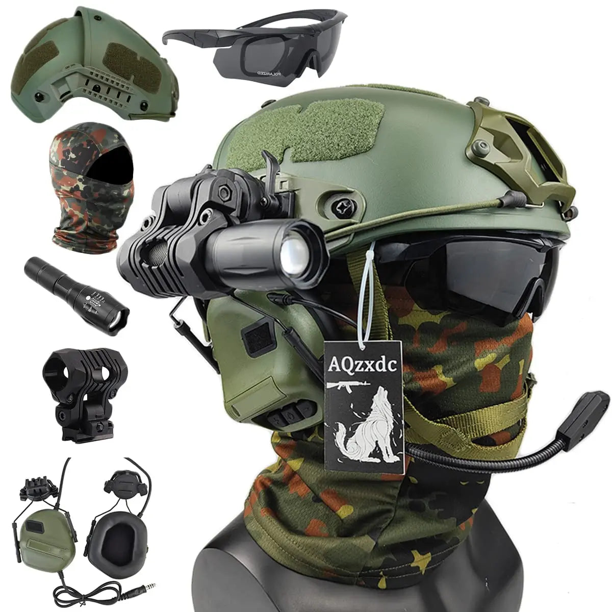 Military AF Replica Helmet, With Tactical Noise Cancelling Headset, Flashlight, Goggles, Flashing Lights, Balaclava
