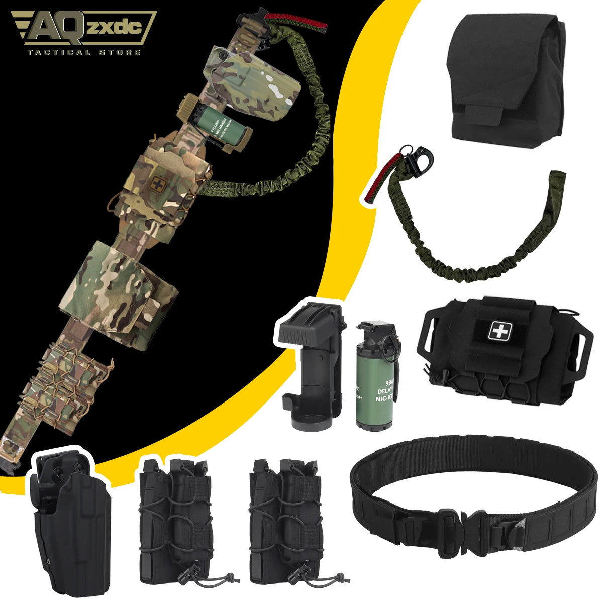 Airsoft PHC Set with Right Hand Quick-Draw Holster & Field Mag Bag & ReFlexIFAK First Aid Kid & Sundries Bag & M18 Model Grenade