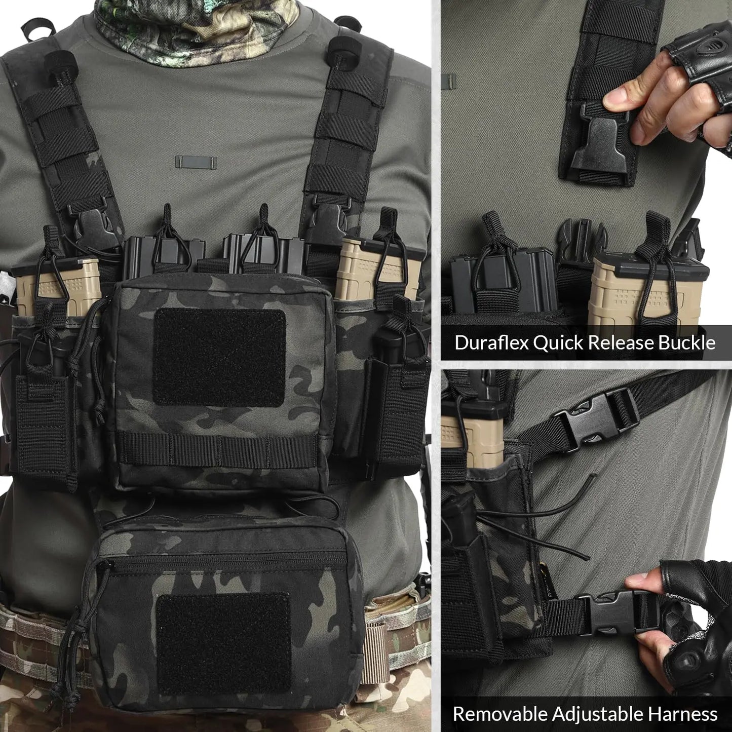 AQzxdc Tactical Chest Rig, Adjustable & Detachable Molle Micro Chest Rigs, with 5.56/7.62 Magazine Pouch, Pistol Pouch for CS