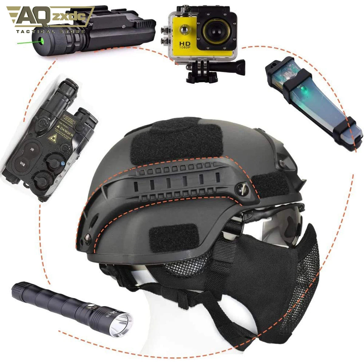 Mich 2000 Style ACH Tactical Helmet with Foldable Ear Protection Dual Straps Half Face Mesh Mask - Goggles for Airsoft Paintball