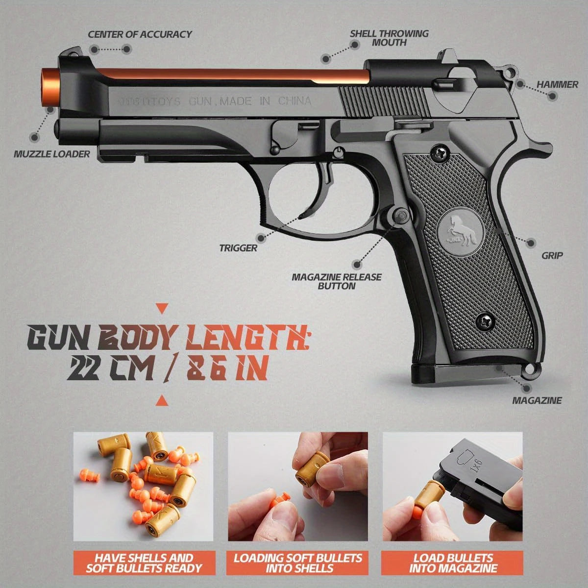 M9A3 Continuous Firing Throwing Shell Toy Gun Soft Bullet Airsoft Outdoor Sports CS Game Weapon Pistol for Children Gift