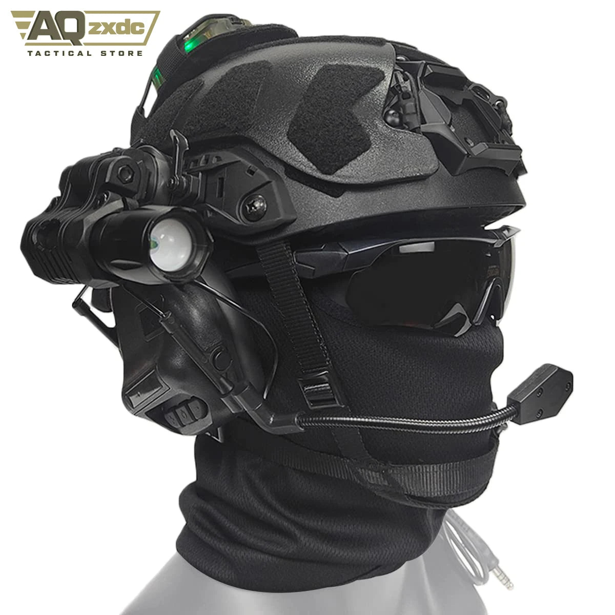 AQzxdc Fast Lightweight Paintball Helmet with External Armor, with Noise Cancelling Headphones, Flashlight, Goggles, Balaclava