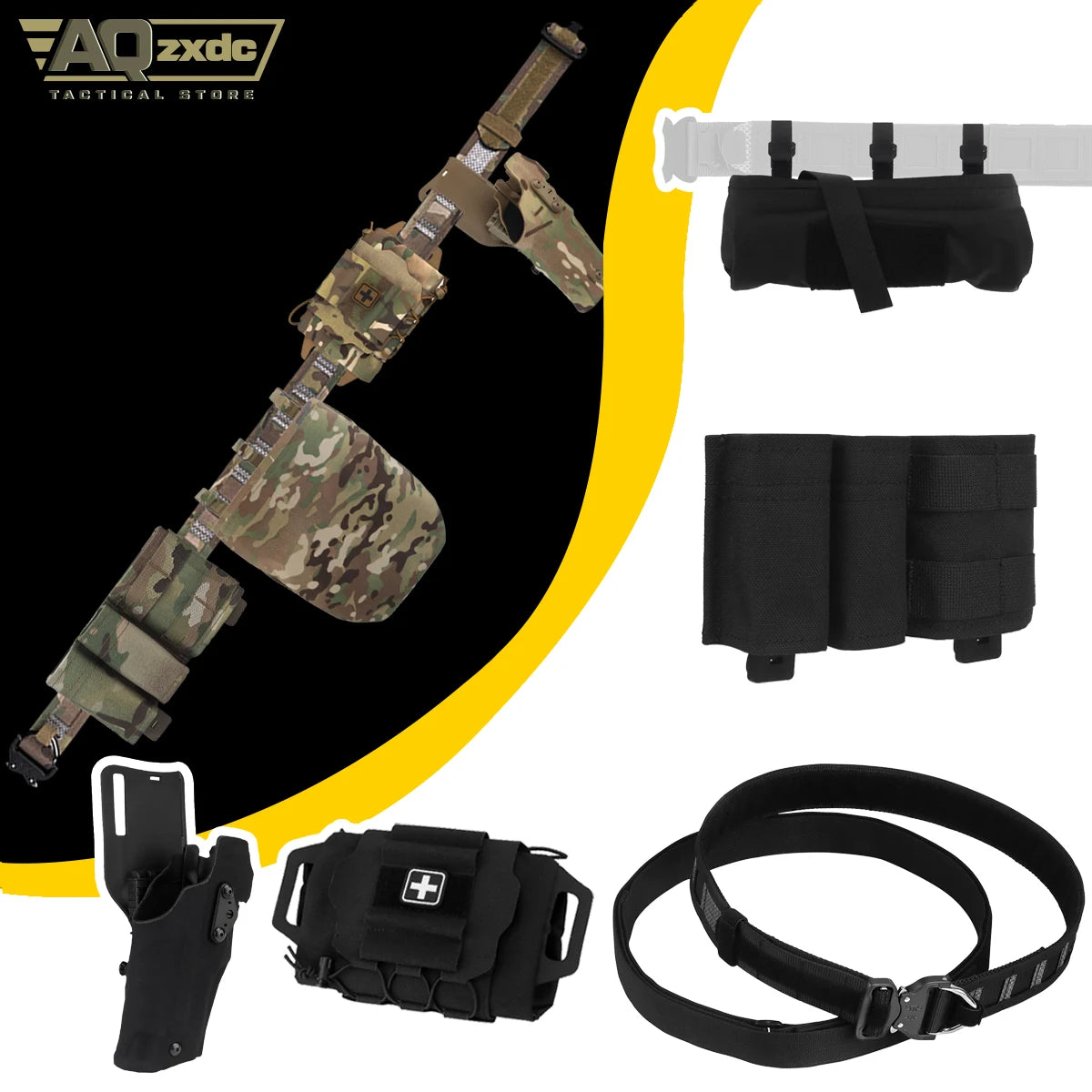 Outdoor Hunting Belt with ALS Quick Draw Holster & Triple Mag Bag & IFAK Medical Bag & Folding Sundry Bag for Airsoft Paintball