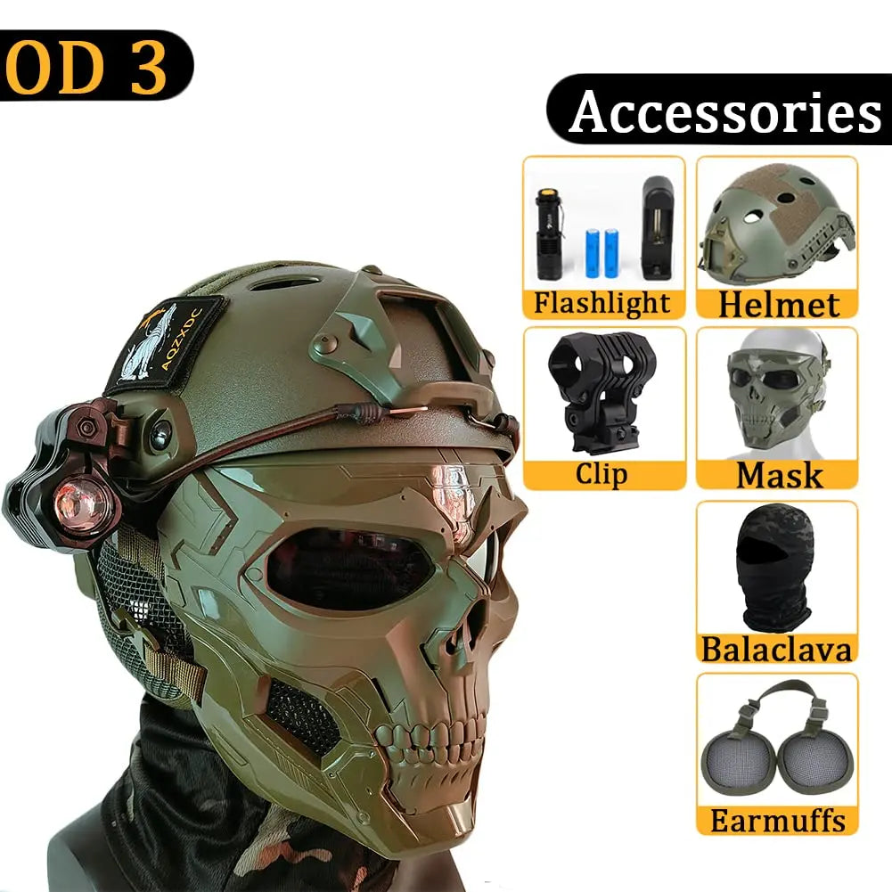FAST Airsoft Helmet, with Full-Face Skull Paintball Mask, Steel Mesh Earmuffs, Flashlight, for Outdoor Shooting, Hunting, Games