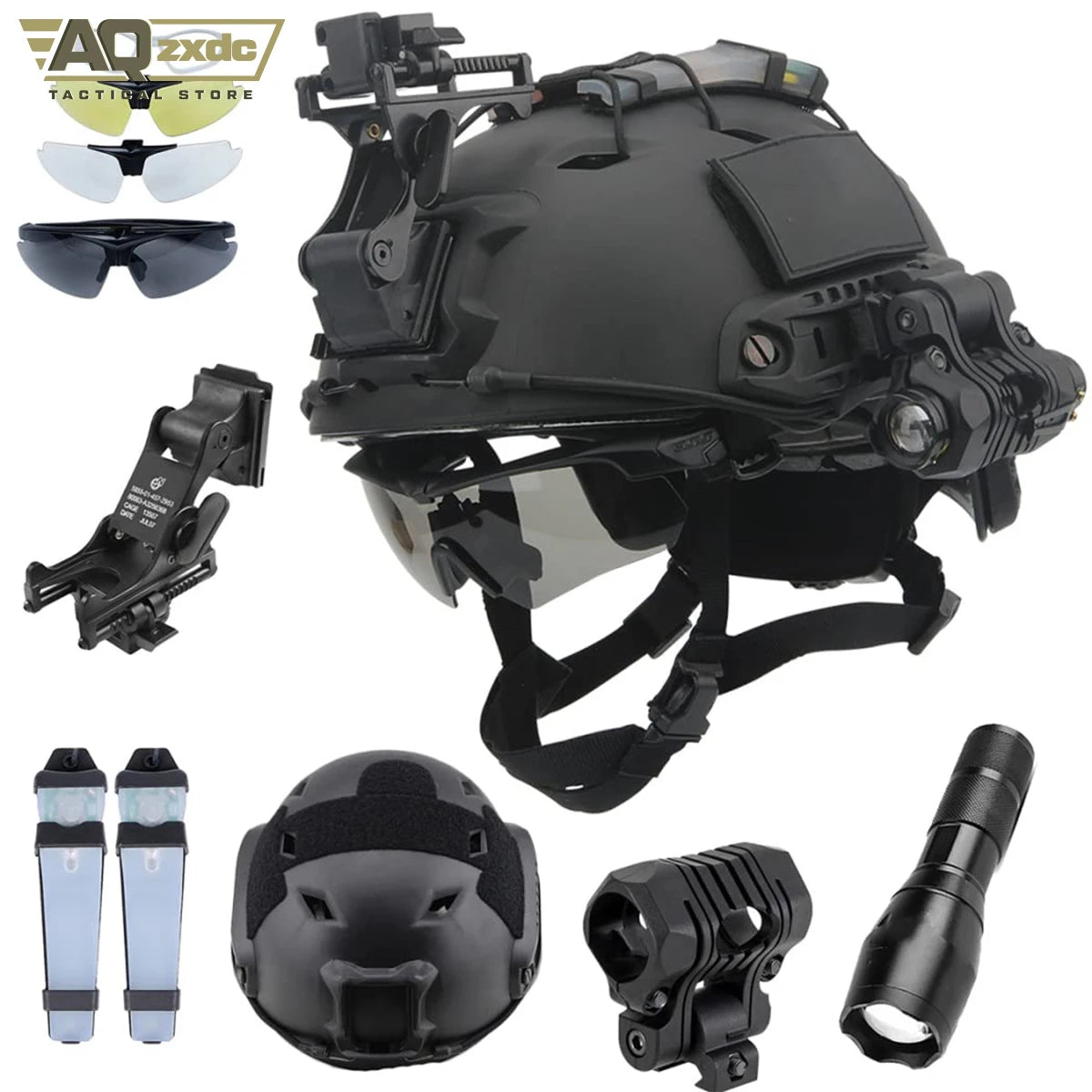 Airsoft Helmet Set, Tactical Goggles Helmet Light Signal Light Tactical Flashlight and Night Vision Goggle (Nvg) Mount Bracket