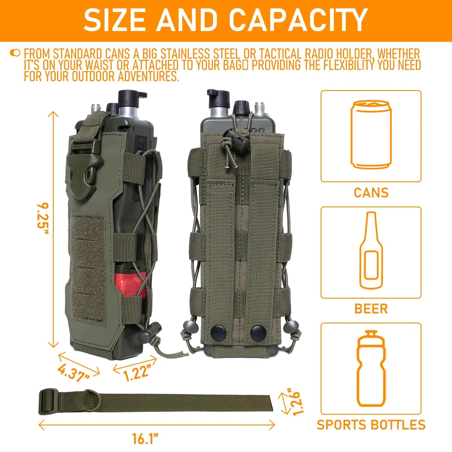 AQzxdc Outdoor Molle Radio Pouch Holder & Molle Adjustable Water Bottle Holder 40 oz, Tactical Bottle Pouch for Backpack Belt