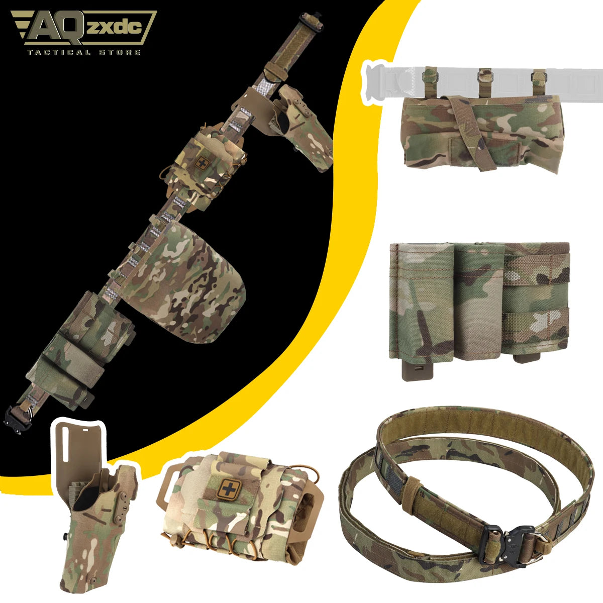 Outdoor Hunting Belt with ALS Quick Draw Holster & Triple Mag Bag & IFAK Medical Bag & Folding Sundry Bag for Airsoft Paintball
