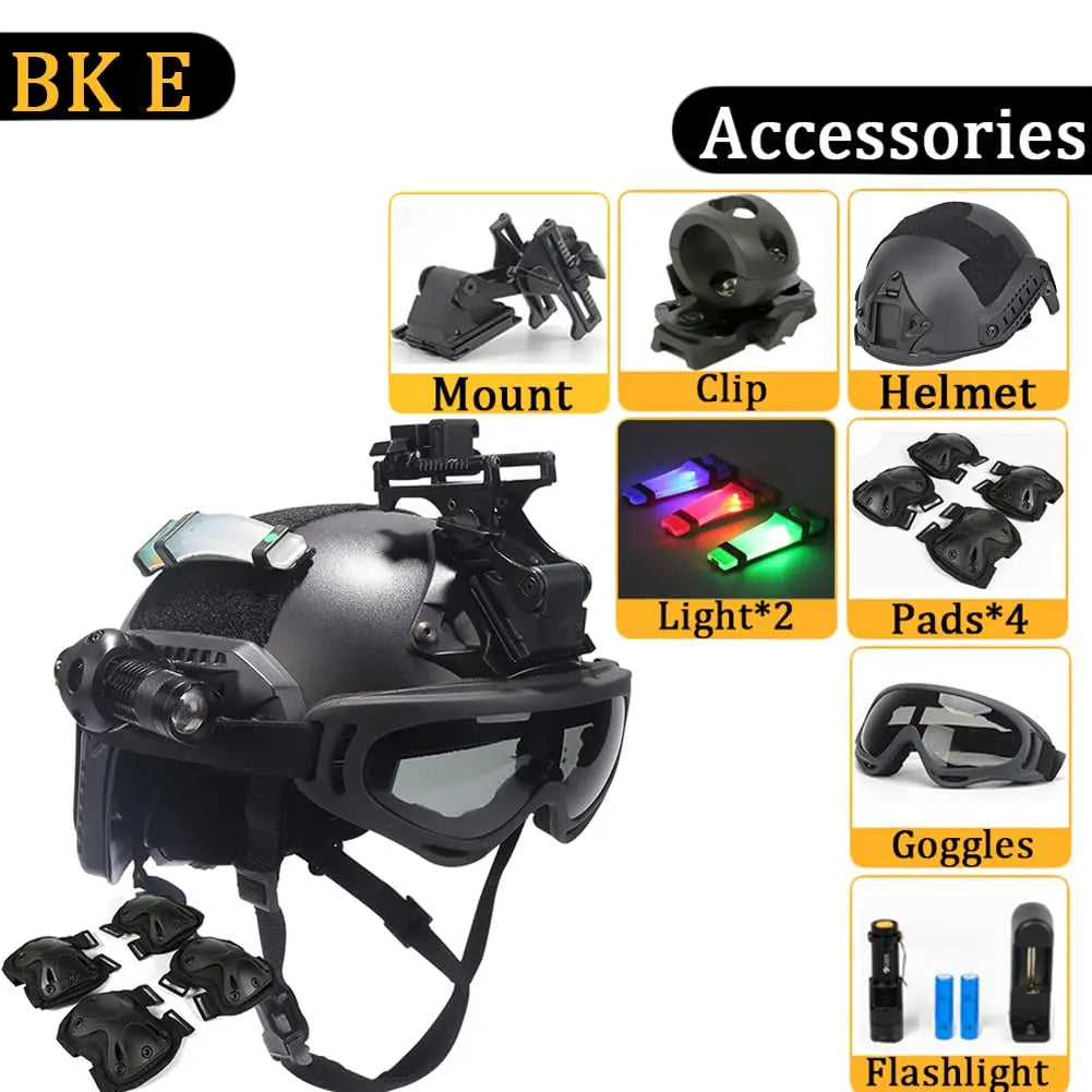 FAST Helmet, with Goggles, Flashlight, Flashing Lights, NVG Imitations, Knee and Elbow Pads, for Outdoor Games Airsoft Paintball