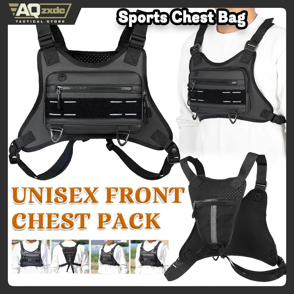 AQzxdc Sports Chest Bag, Adjustable Travel Chest Pack Tactical Breathable Running Vest Pouch for Hiking Hunting Cycling Fishing