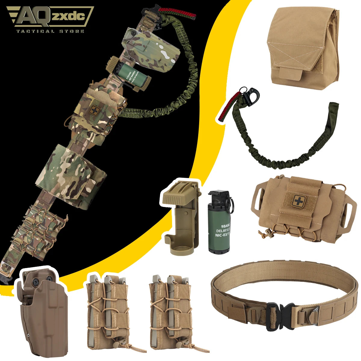 Airsoft PHC Set with Right Hand Quick-Draw Holster & Field Mag Bag & ReFlexIFAK First Aid Kid & Sundries Bag & M18 Model Grenade