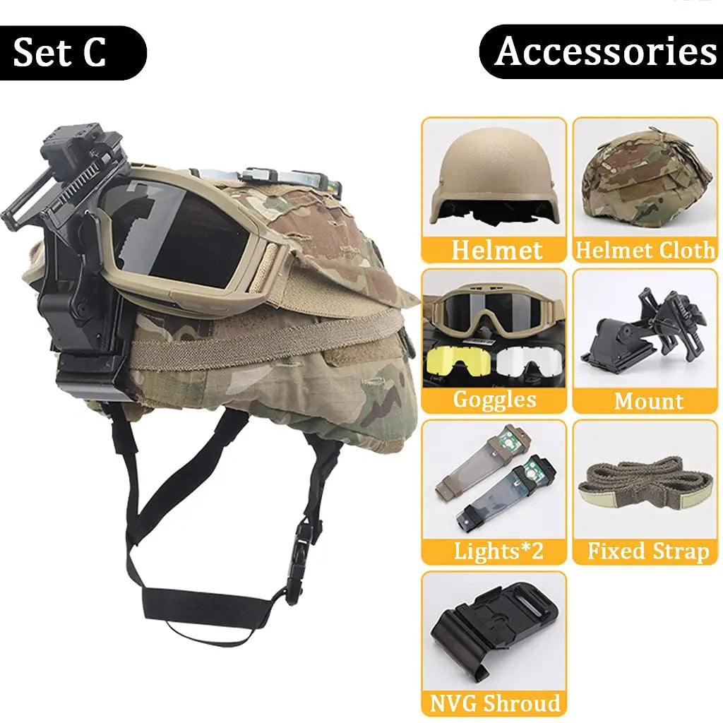 M88 Tactical Helmet Sets, wiht Helmet Cloth Goggles and Mount Kit Full-Covered Military Protective Combat Airsoft Paintball Helm