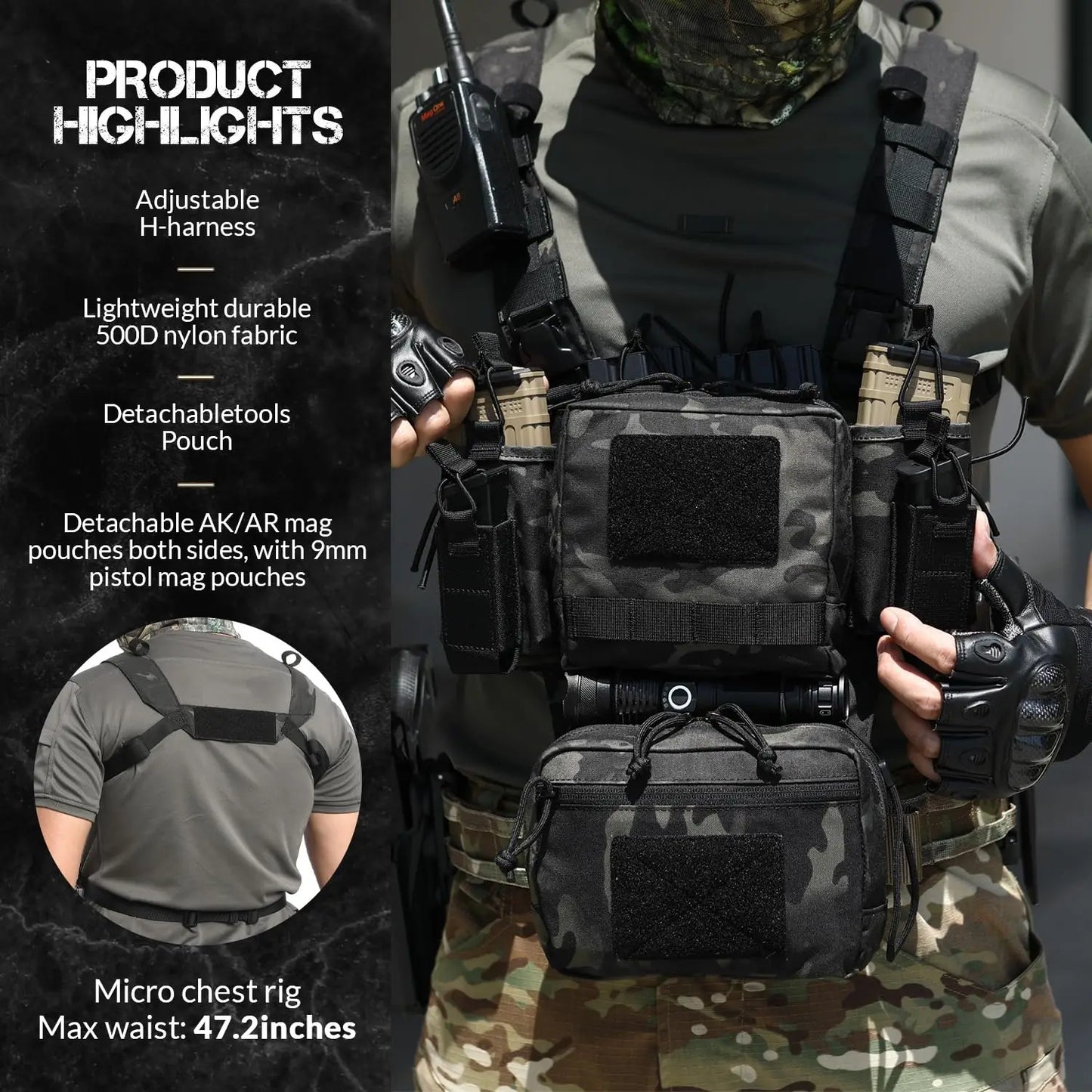 AQzxdc Tactical Chest Rig, Adjustable & Detachable Molle Micro Chest Rigs, with 5.56/7.62 Magazine Pouch, Pistol Pouch for CS