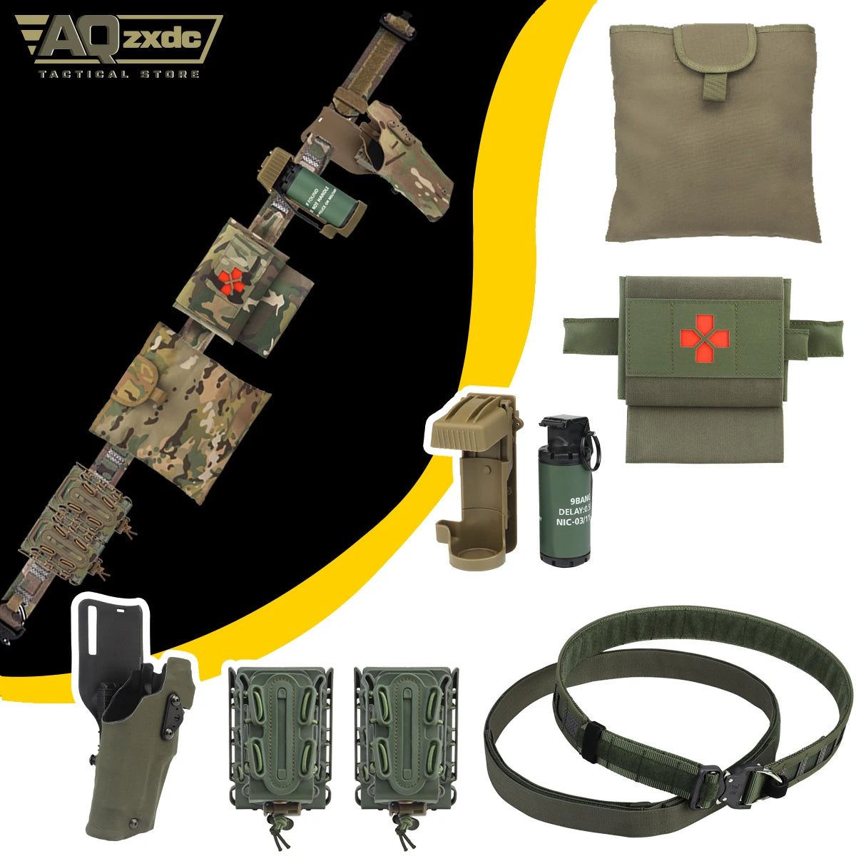 Belt Assault Set with G17 ALS Quick Release Holster & Small First Aid Kit & Sundries Recovery Bag & M18 Smoke Model & Mag Bag