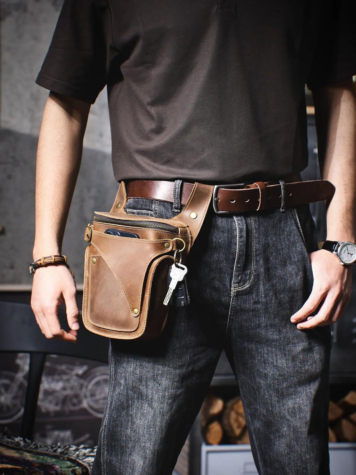Men's Leather Vintage Belt Bag Multipurpose Tactical Waist Pack Outdoor Travel Motorcycle Bicycle Riding Drop Leg Bag Bum Pack