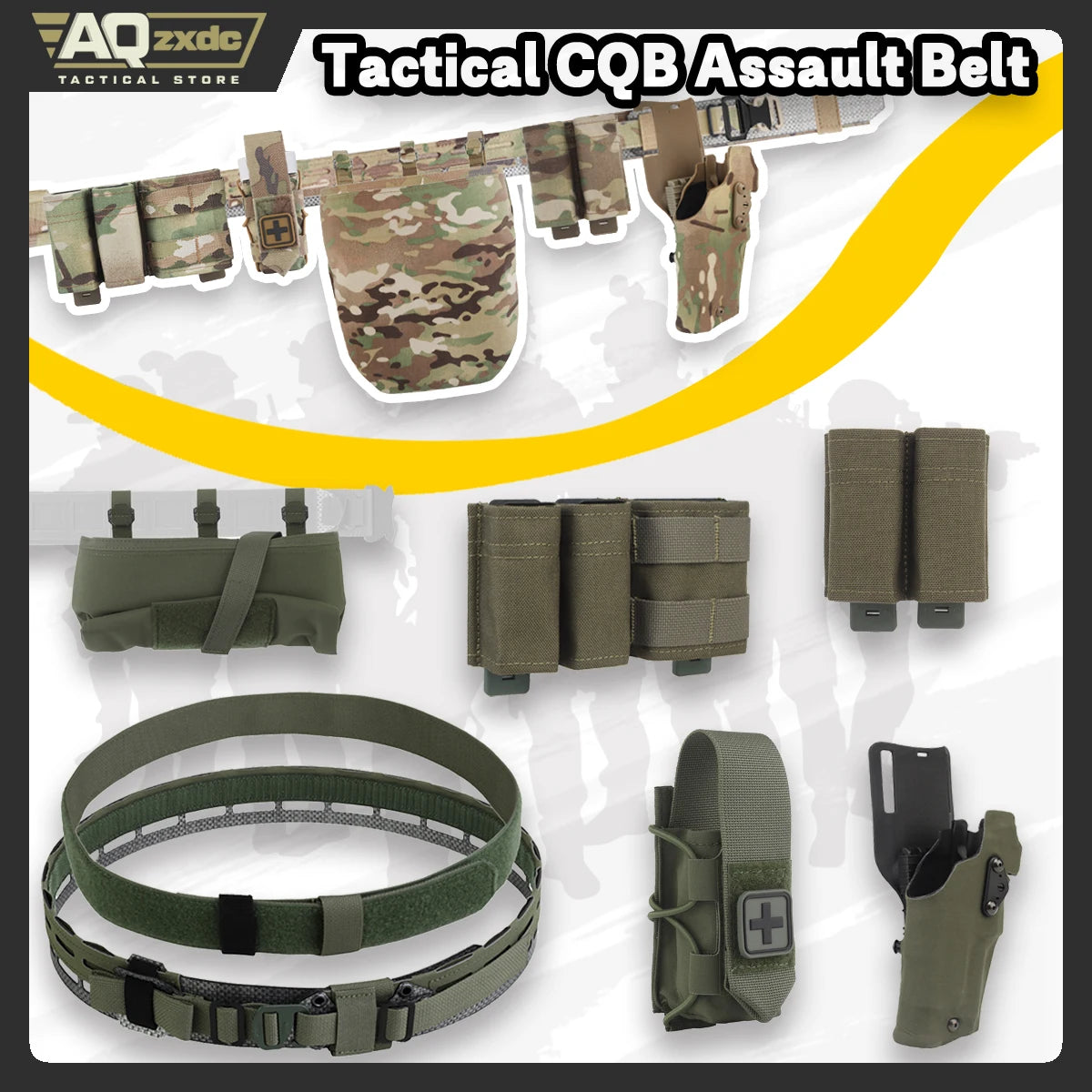 Tactical Assault Belt with Quick-Draw Holster & Triple Mag Bag & Foldable Sundries Bag & Medical Bag & Double Pack for airsoft