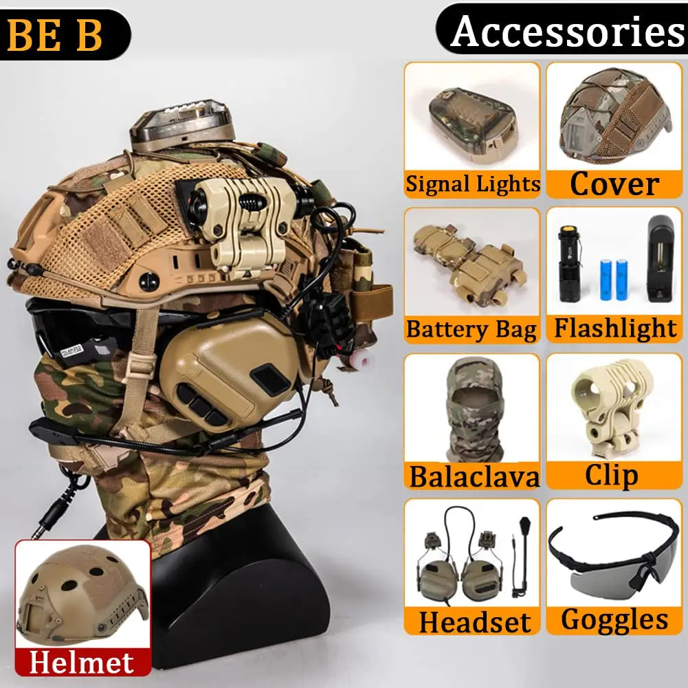 FAST Tactical Helmet Sets, with Tactical Headset and Telescope Model, Visor & Goggles, Flashlight, Signal Flashing Light, Mount