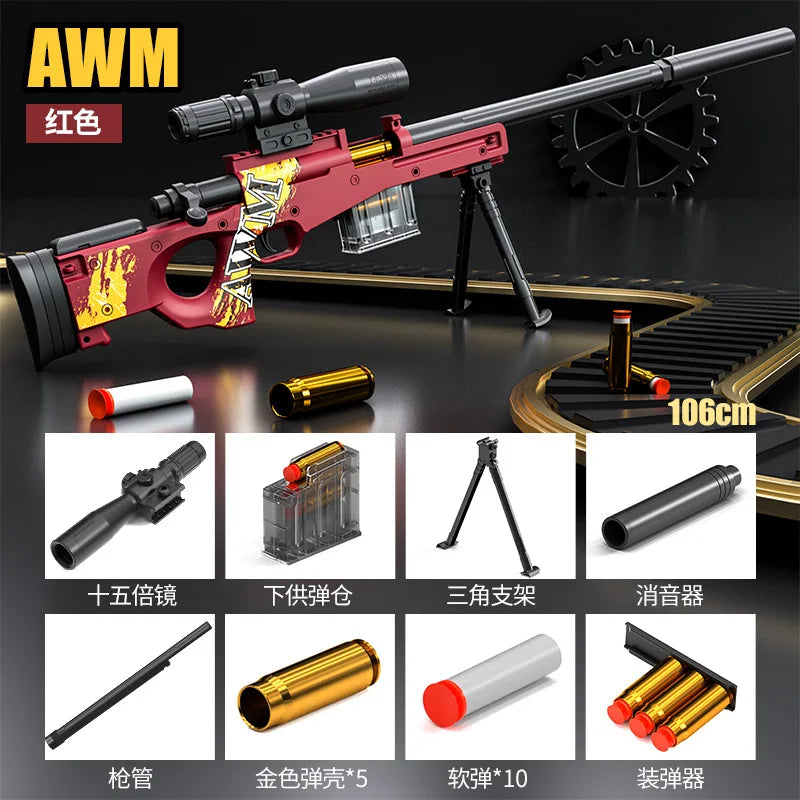 Uploaded projectile throwing shell AWM soft bullet gun can fire sniper rifle, boys' outdoor battle toy gun 98K pull up chamber