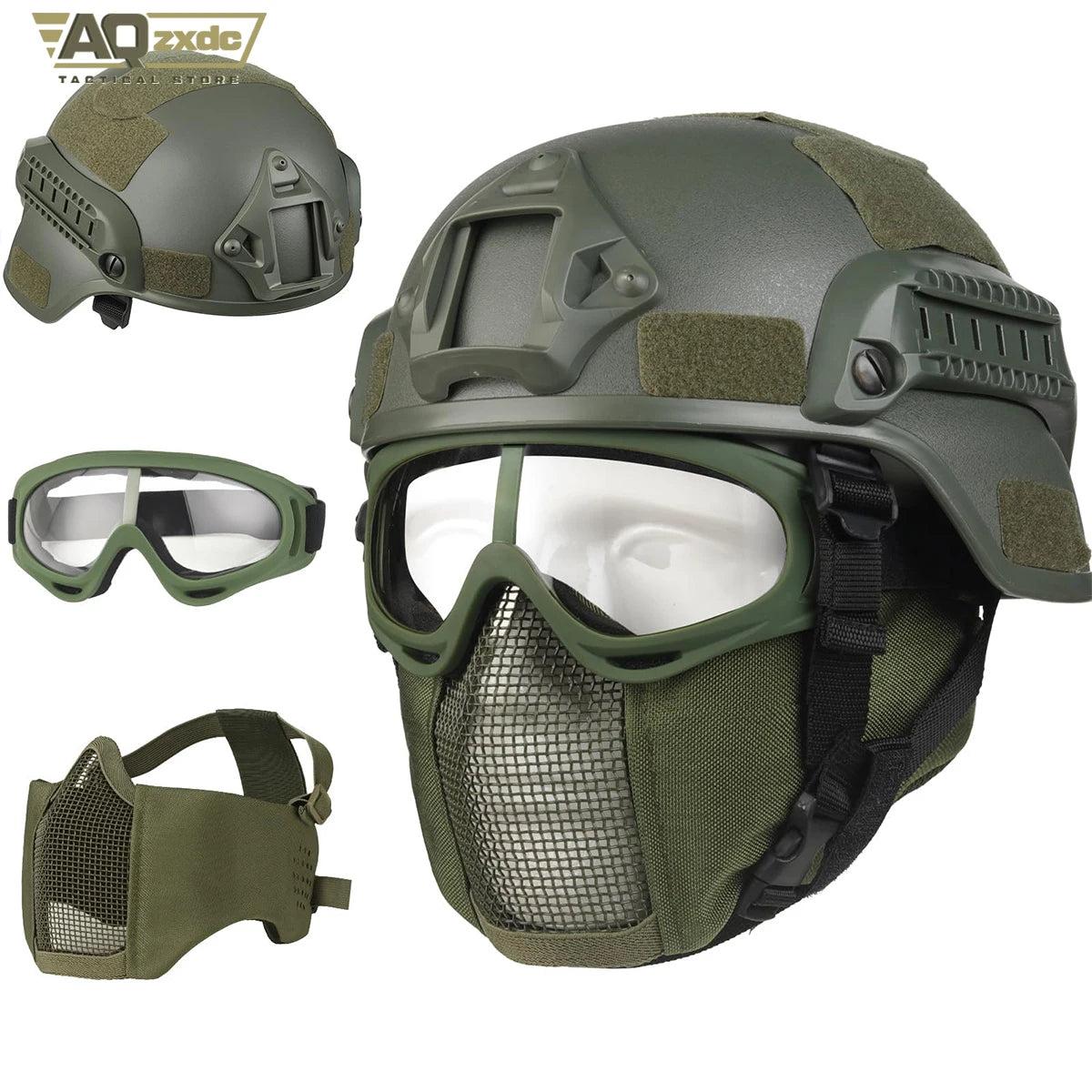 AQzxdc Tactical Helmet Set, Airsoft Mask Mesh Elastic Balaclava Mask, Anti Fog Airsoft Goggles, Tactical Full Face Protection