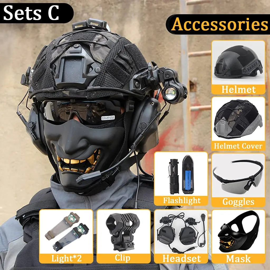 AQ Tactical Helmet Sets, Outdoor Gear with Military Headset & Binoculars & Goggles, Heavy Men's Full Set of Paintball Protective