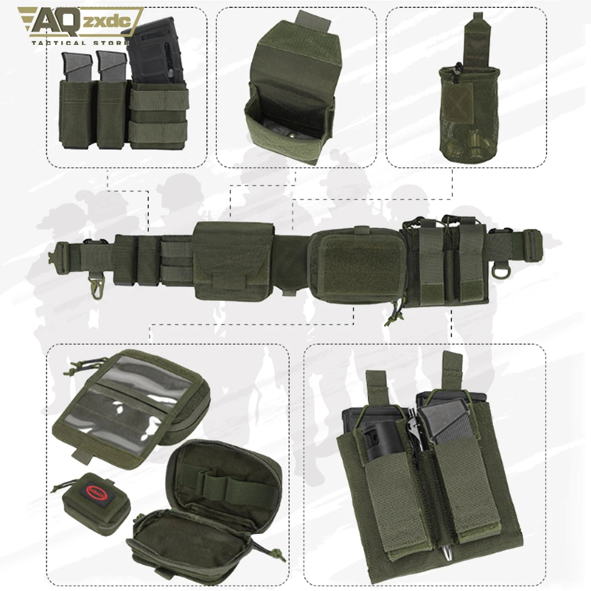 Tactical Assault Belt Set, Detachable Multifunctional 7-Piece Set with Double Magazine Pouch, Map Map, Sundry Bag & Glove Hook